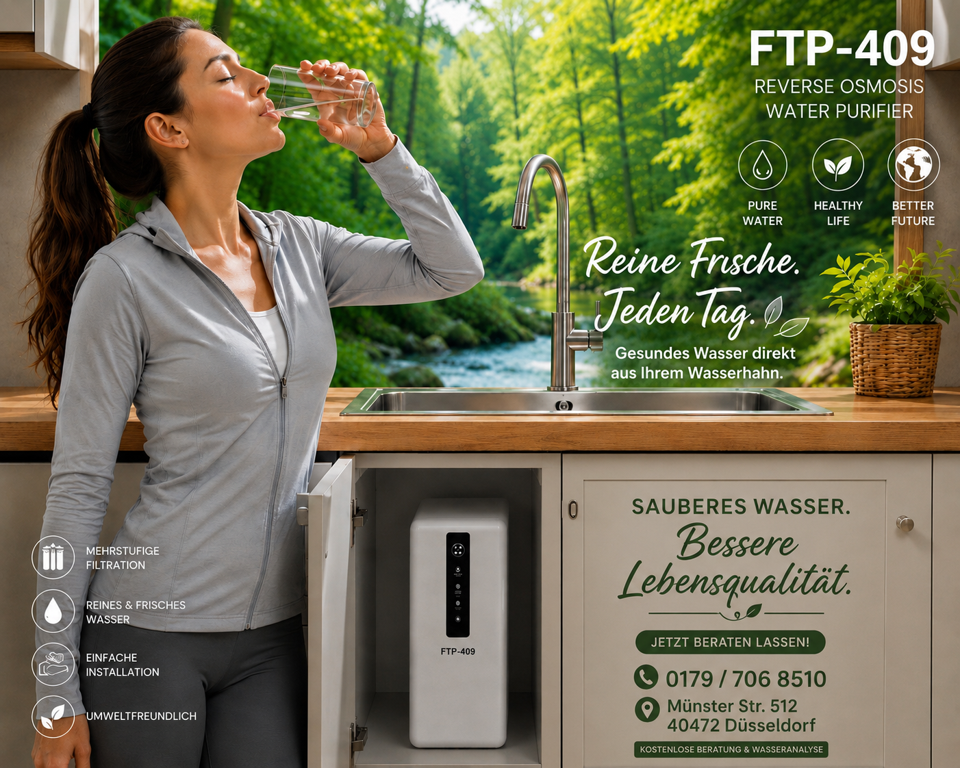 A woman drinking fresh filtered water in a bright green kitchen setting
